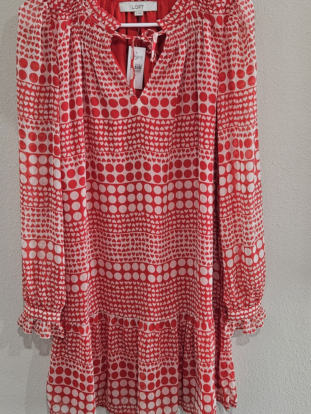 LOFT Red and White Printed Long-Sleeve Dress